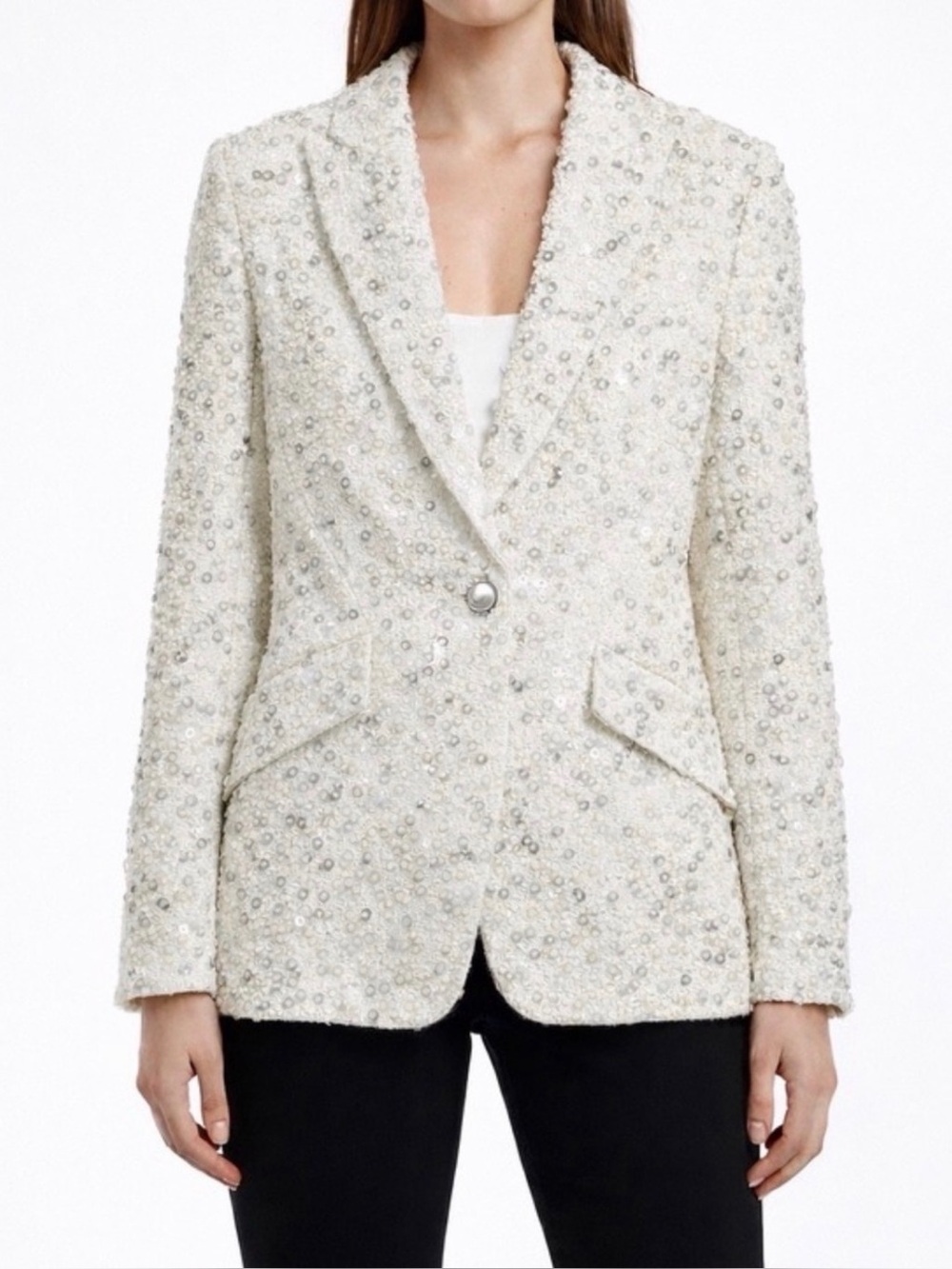 Etcetera Sequin Tweed Embellished Blazer Jacket White Size 10